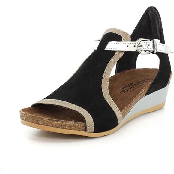 NAOT Womens Wom Sand Black Tan Silver Wedge Sandals 39/ US 8-8.5 - Picture 1 of 9